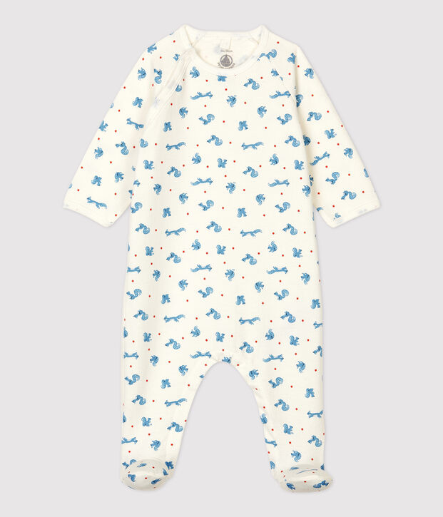 Tutina pigiama beb&egrave; in molleton di cotone biologico bianco/arancione/multicolore